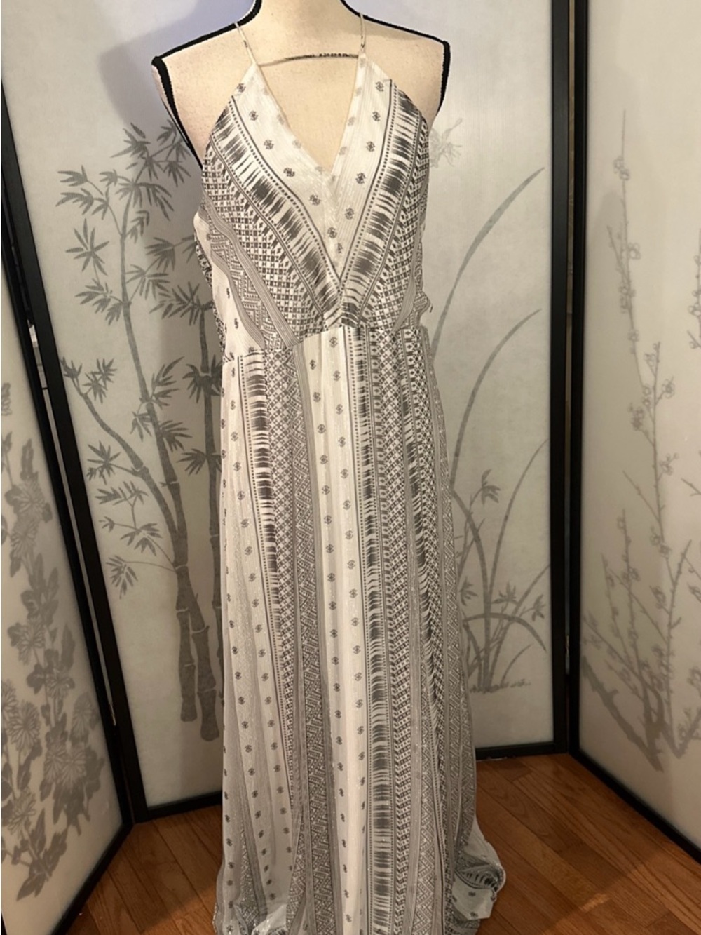 Express Shimmery Sparkly White and Gray Striped V-Neck Maxi Dress